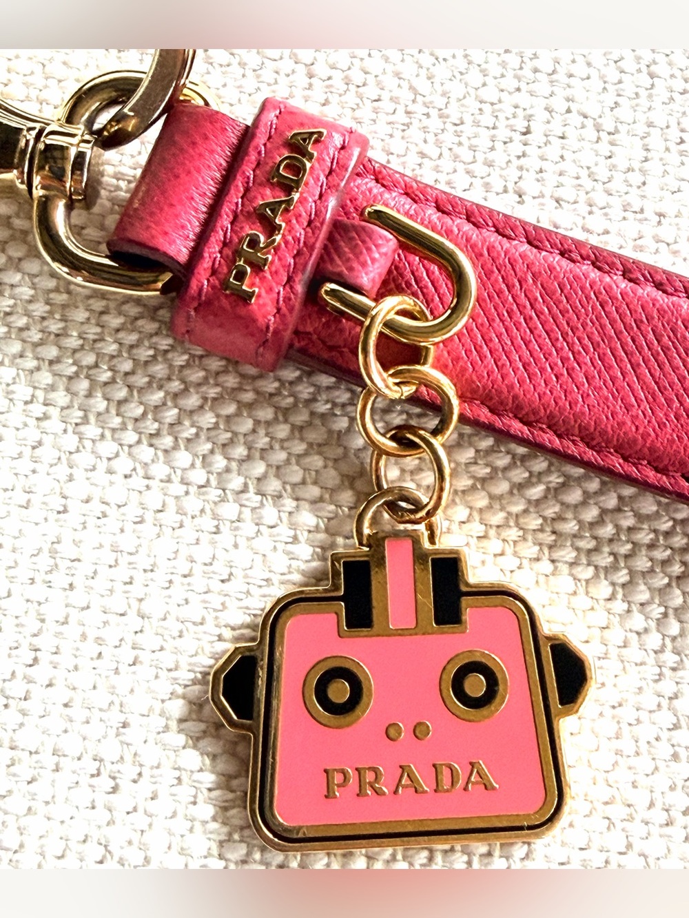 PRADA Pink Saffiano Leather Robot Trick Keychain Bag Charm + Box
